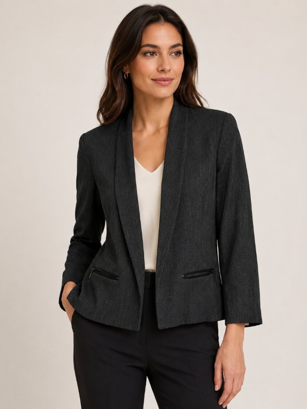 Black Label by Evan-Picone Size 18 Charcoal Gray Open Front Blazer Zip Pockets